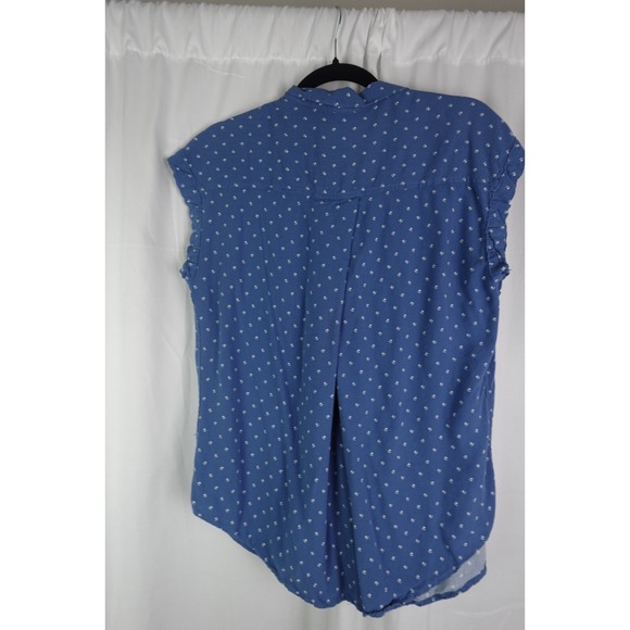 JACHS Girlfriend Blue Shirt L Cottagecore Sleeveless Chambray Floral Blouse - Picture 5 of 6